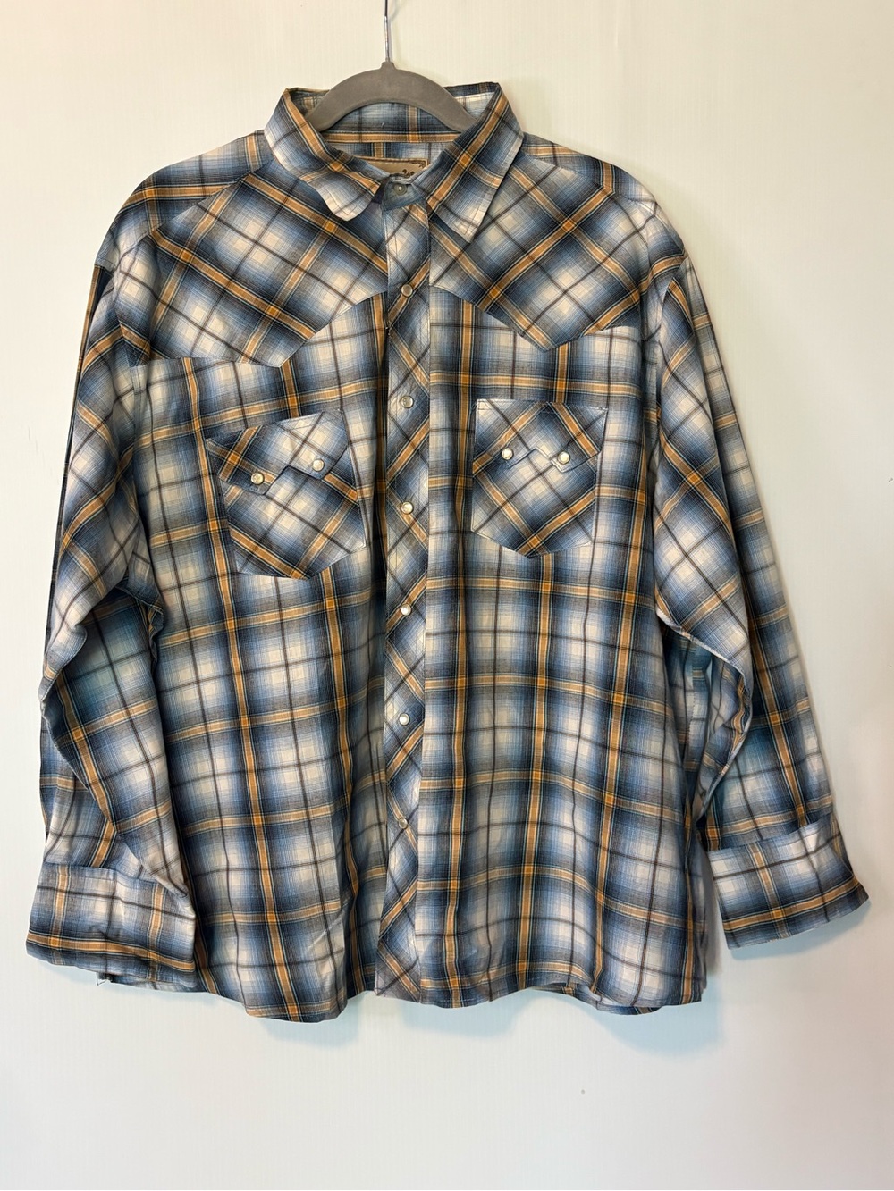 Wrangler Western Pearl Snap Shirt Men's 2XL Big Long Sleeve Plaid Blue Gold Yoke